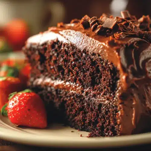 A close-up shot of a rich, moist chocolate cake with glossy chocolate frosting and chocolate curls, sliced to show the soft interior.