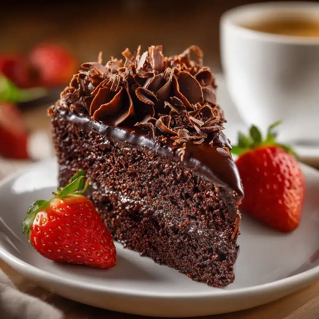 Overhead view of a whole chocolate cake with glossy frosting, chocolate curls, and strawberries on top