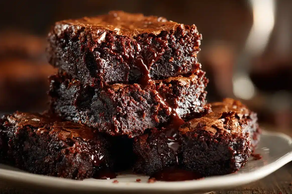 Extra fudgy brownies with shiny, crackly tops and gooey centers stacked on a white plate, close-up.