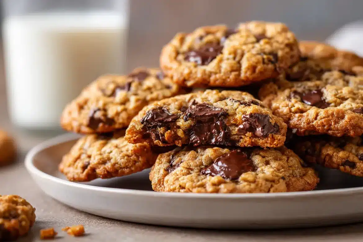 A close-up shot of oatmeal chocolate chip cookies with gooey chocolate and rustic oats on a white plate.