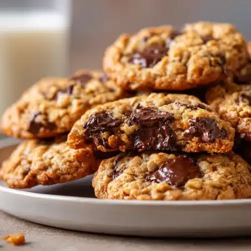 A close-up shot of oatmeal chocolate chip cookies with gooey chocolate and rustic oats on a white plate.