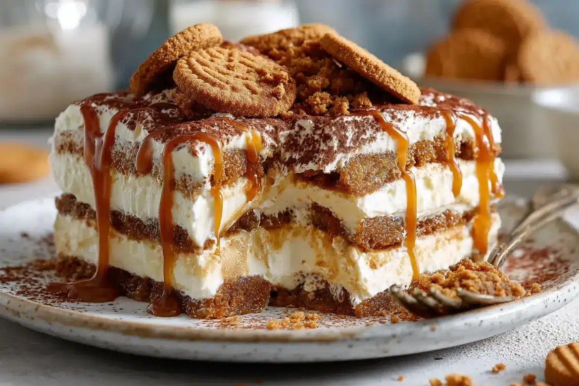 Close-up of Biscoff tiramisu cut open, showing creamy layers, Biscoff cookies, and cocoa powder on top.