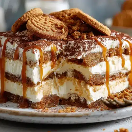 Close-up of Biscoff tiramisu cut open, showing creamy layers, Biscoff cookies, and cocoa powder on top.