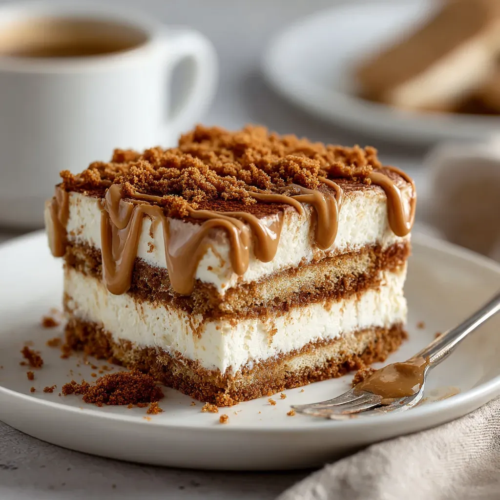 Plated slice of Biscoff tiramisu with cookie crumbs and cookie butter drizzle on a white plate.