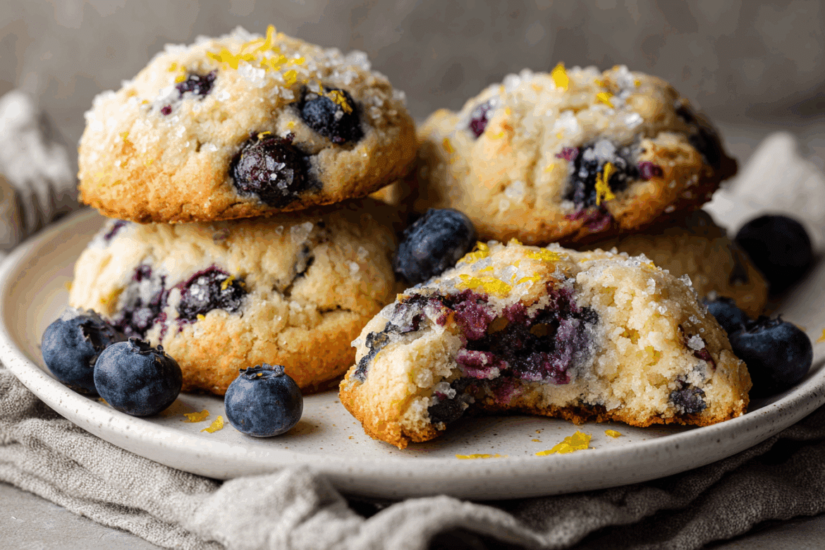 Bakery-style blueberry muffin cookies with juicy blueberries and a soft crumb, broken open to show texture, on a white plate.