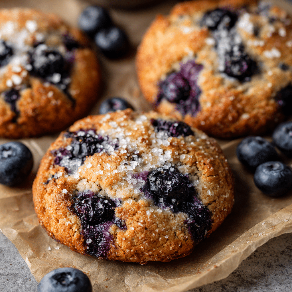 Top-down view of blueberry muffin cookies with coarse sugar and blueberries on rustic parchment.