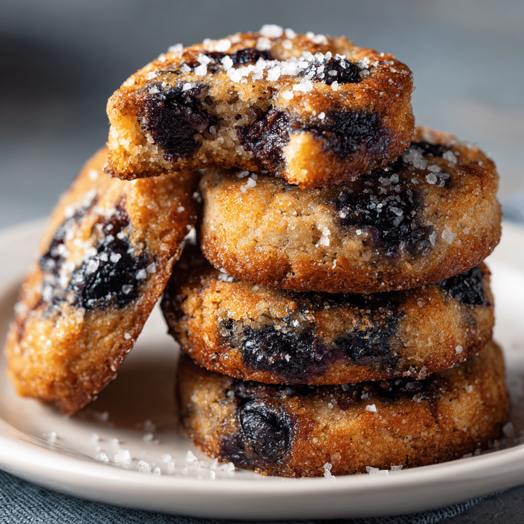 Stack of blueberry muffin cookies with blueberries and coarse sugar, one with a bite showing the soft center.