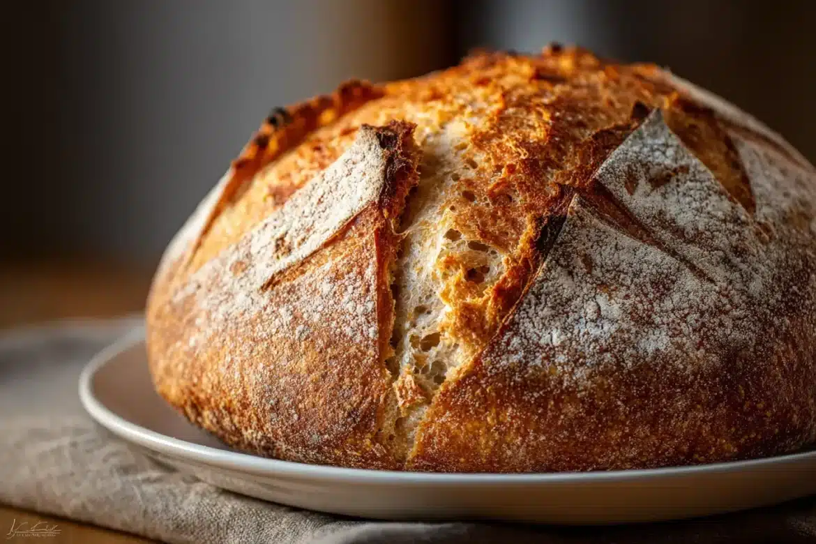 Golden bolted flour sourdough bread loaf sliced to show nutty, airy crumb on a rustic plate.