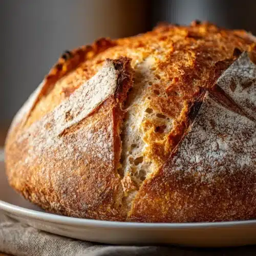 Golden bolted flour sourdough bread loaf sliced to show nutty, airy crumb on a rustic plate.