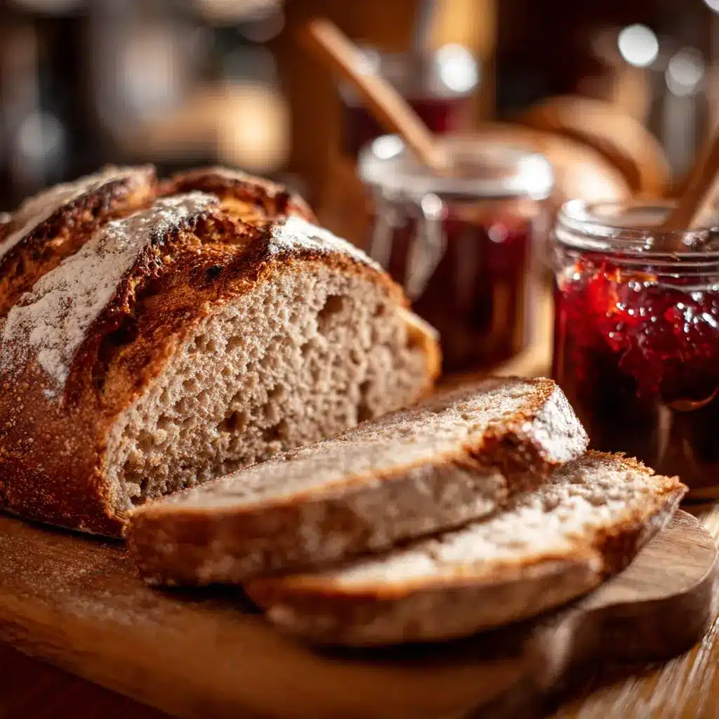 Sliced bolted flour sourdough bread on linen, rustic and golden brown.