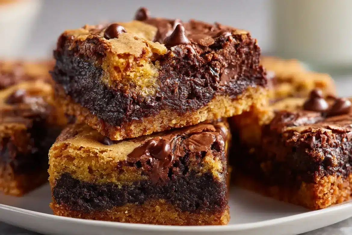 Close-up of marbled brown butter brookies with gooey chocolate centers and crackly tops, sliced to show rich texture.