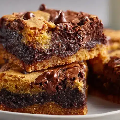 Close-up of marbled brown butter brookies with gooey chocolate centers and crackly tops, sliced to show rich texture.