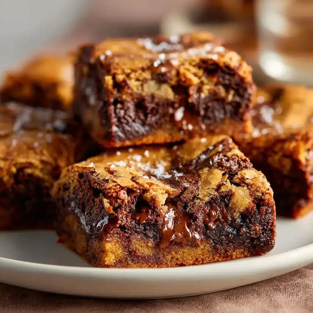 Stacked brown butter brookies served with melting vanilla ice cream and glossy chocolate chips.
