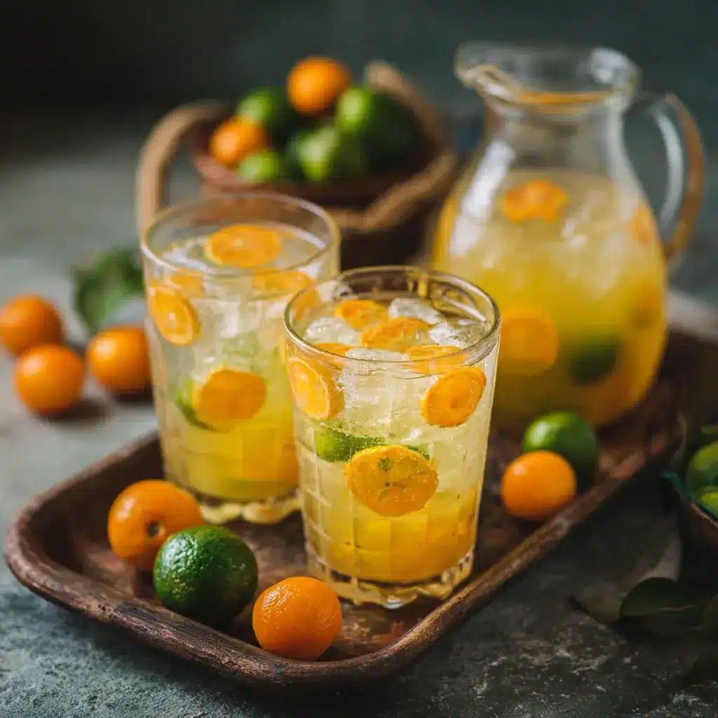 Glass of calamansi drink on a tray with pitcher and fresh calamansi, kitchen background.