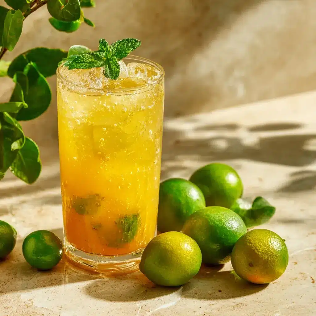 Tall glass of calamansi drink with ice, mint, and fresh calamansi fruits, glowing in sunlight.