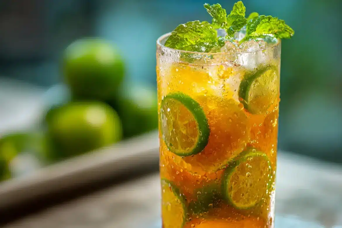 A close-up of a tall glass filled with calamansi drink, ice, fresh calamansi slices, and mint, glistening with condensation.