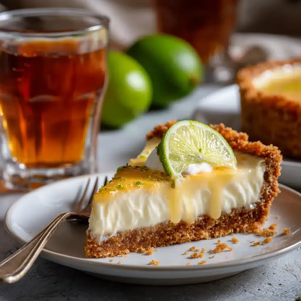 Serving calamansi pie with a fork, creamy texture and iced tea beside.