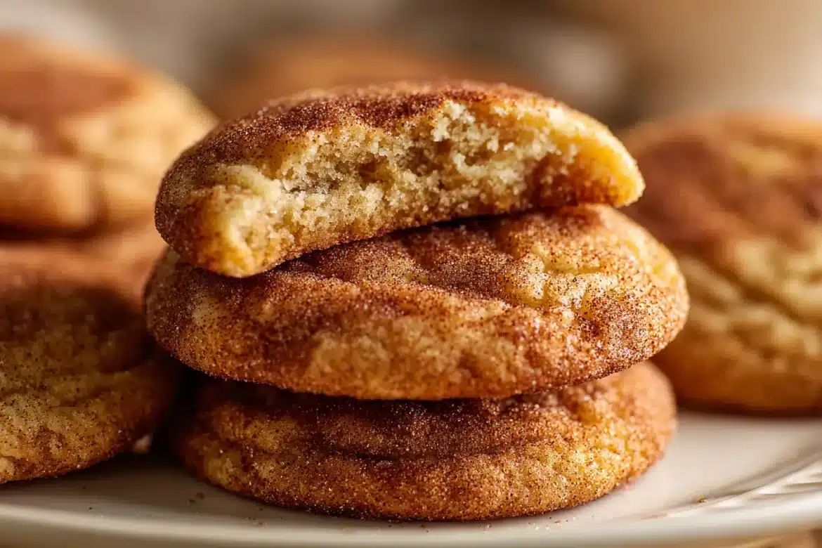 Close-up of chewy snickerdoodle cookies with crackly cinnamon-sugar coating and soft centers on a white plate.