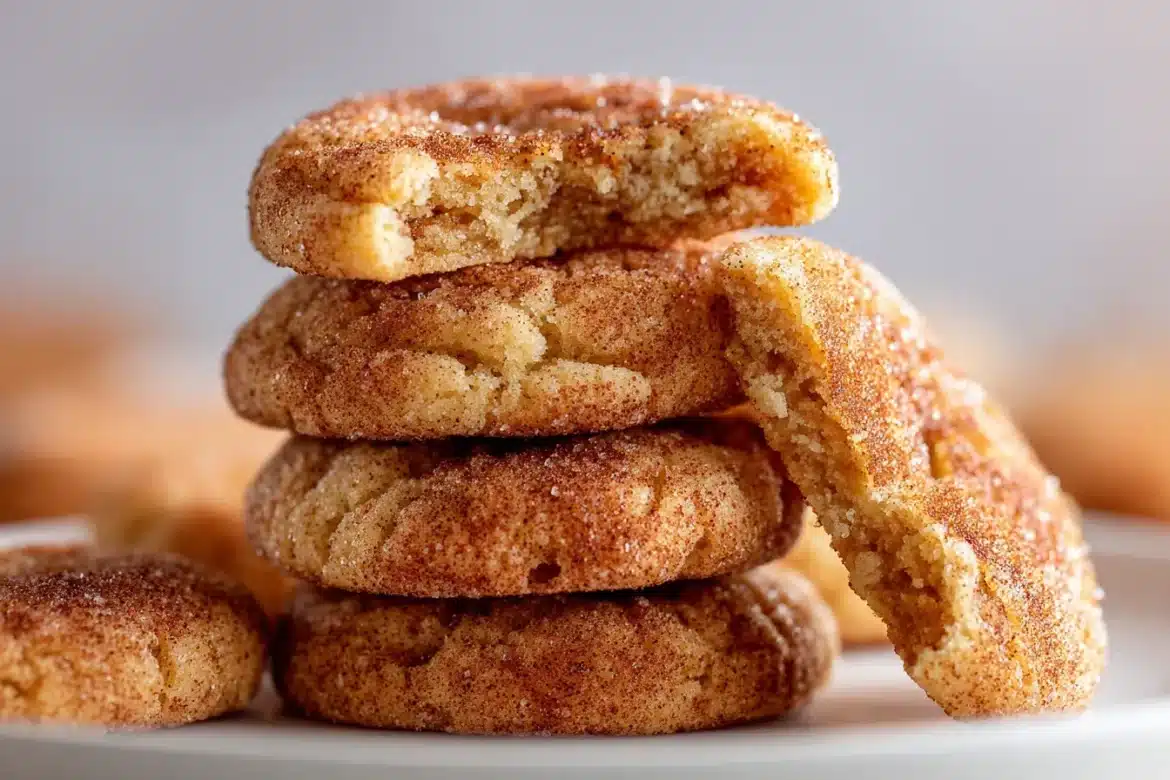 A stack of chewy snickerdoodle cookies with cinnamon-sugar tops, one broken open to reveal the soft interior, on a white plate.