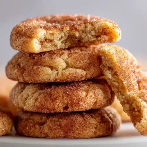 A stack of chewy snickerdoodle cookies with cinnamon-sugar tops, one broken open to reveal the soft interior, on a white plate.