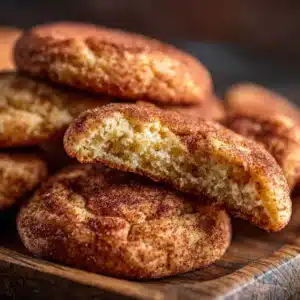 Stack of chewy snickerdoodle cookies on a plate with a glass of milk.