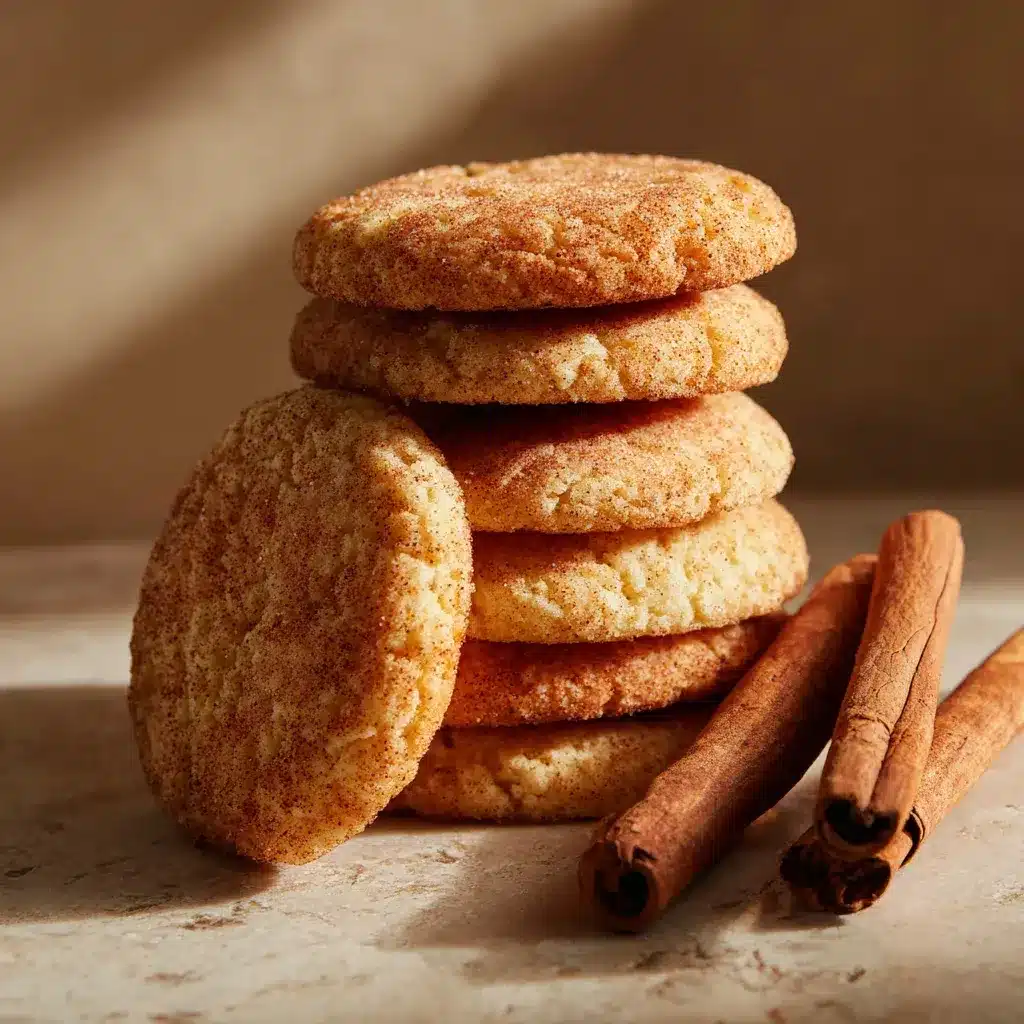 Stacked chewy snickerdoodle cookies tied with a ribbon, cinnamon sticks on the side.