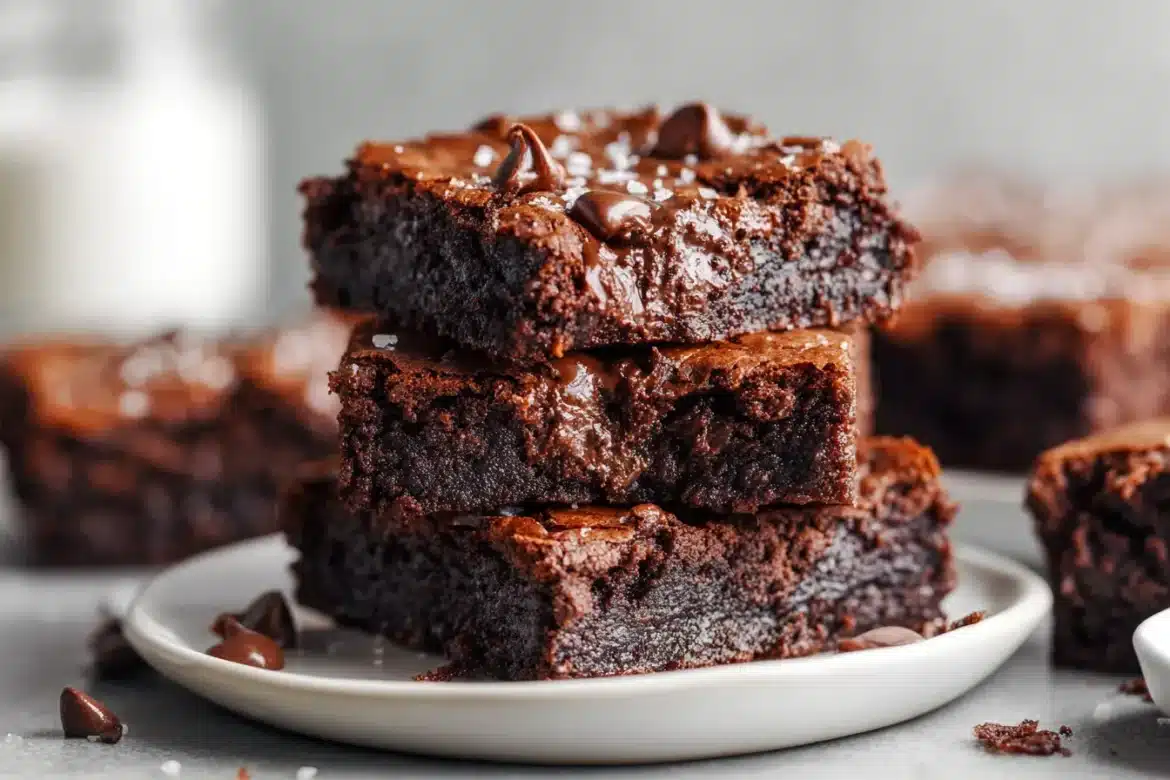 Chickpea brownies served on a plate with peanut butter drizzle and raspberries.