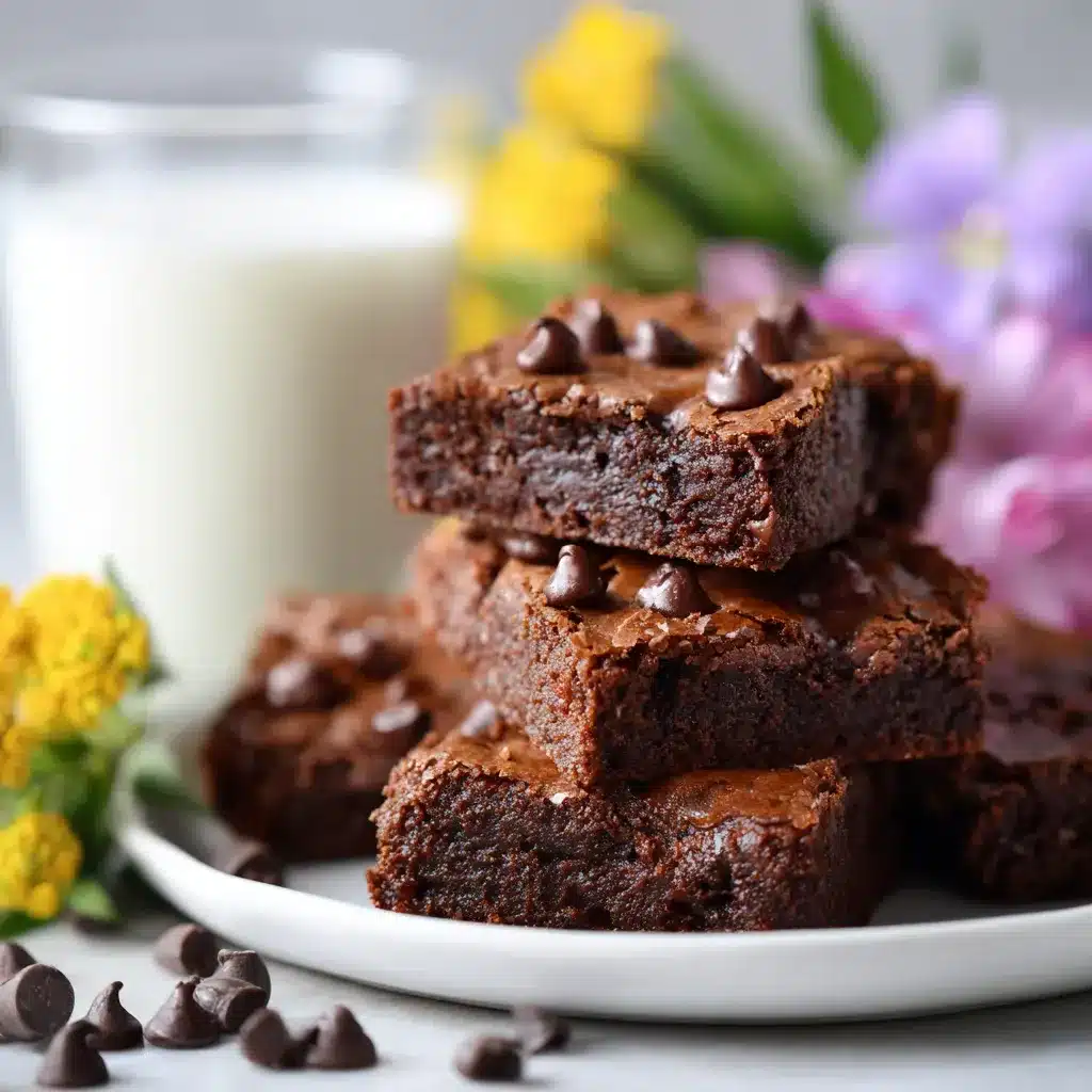 Chickpea brownies with chocolate chips served next to a glass of milk.