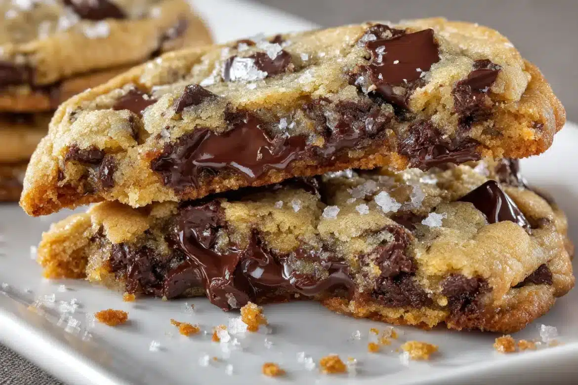 Stacked chocolate chip cookies with gooey melted chips and a broken cookie showing a chewy center, on a white plate.