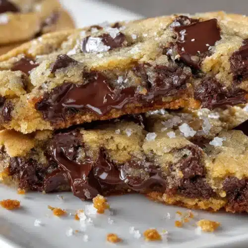 Stacked chocolate chip cookies with gooey melted chips and a broken cookie showing a chewy center, on a white plate.