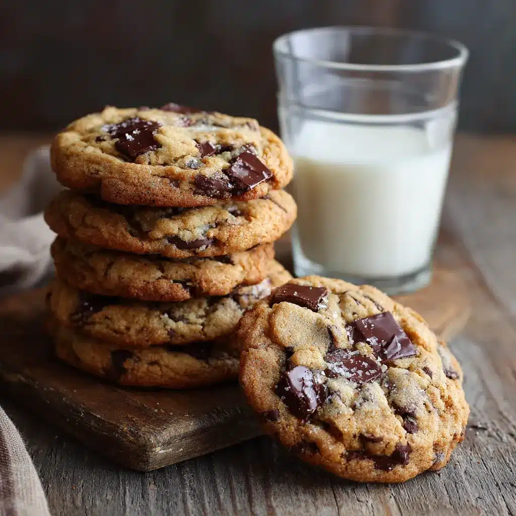 Chocolate chip cookies arranged in a spiral on a white plate, with glossy chocolate chips and a bitten cookie.