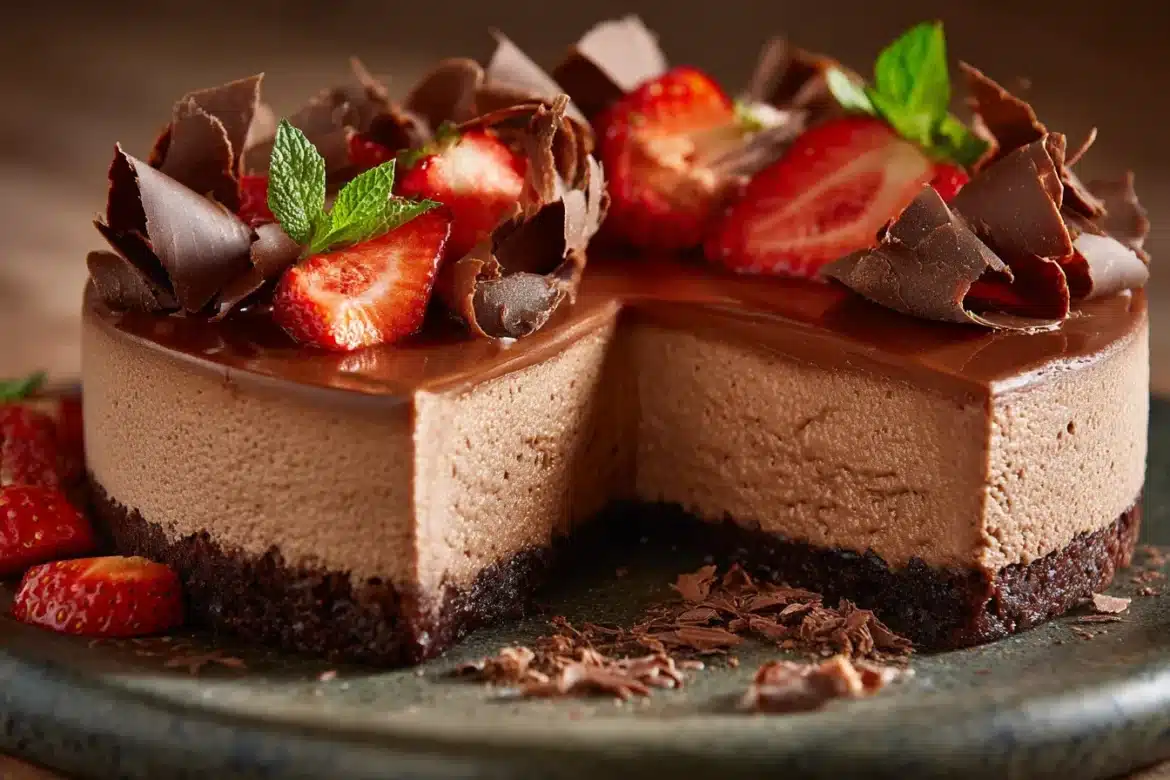 Close-up of chocolate mousse cake cut open, showing layers of fudgy cake and creamy mousse, topped with chocolate curls and cocoa powder.