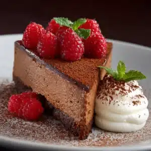 Chocolate mousse cake with chocolate curls and strawberries, slice pulled out to reveal layers.