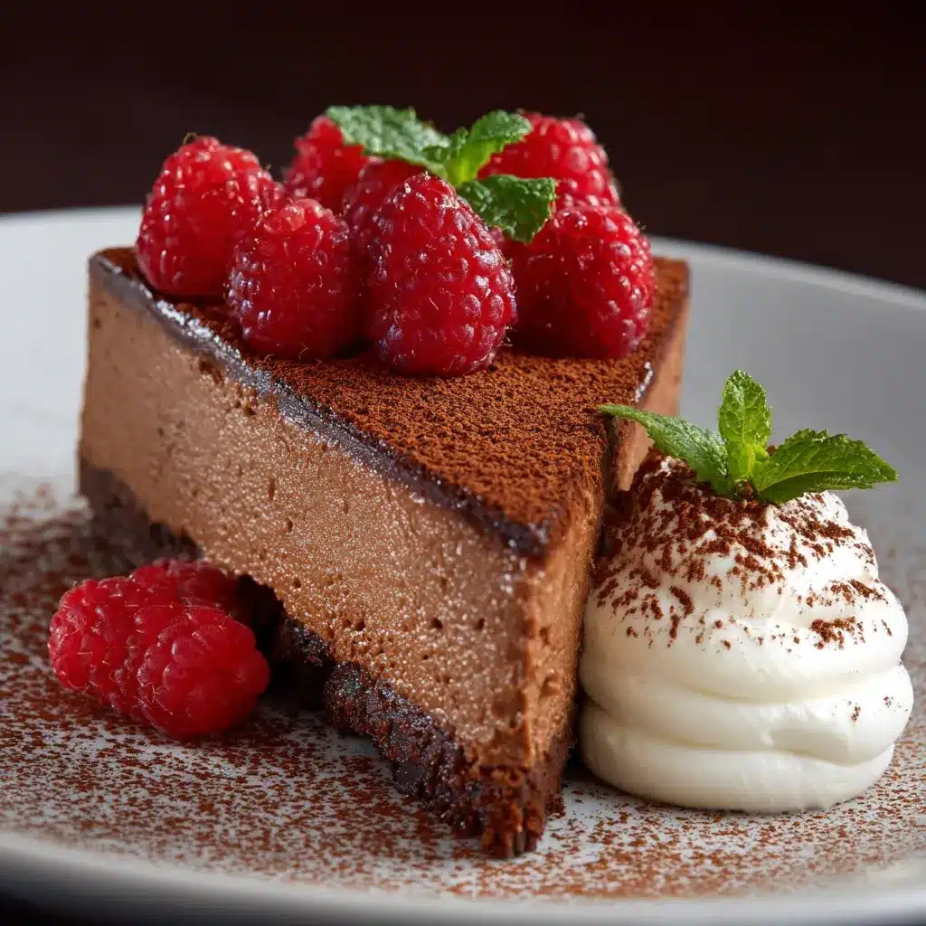 Chocolate mousse cake with chocolate curls and strawberries, slice pulled out to reveal layers.