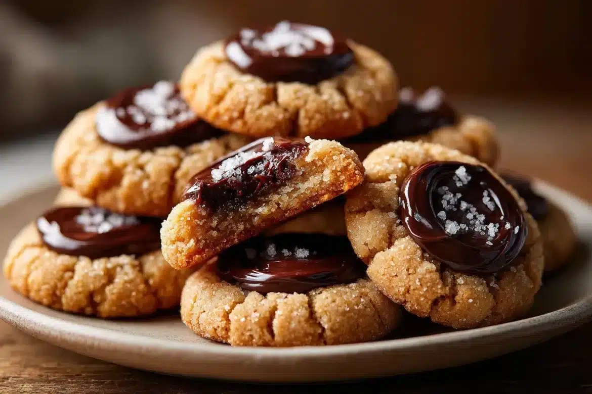 Very close-up image of chocolate thumbprint cookies with gooey chocolate centers and flaky sea salt, stacked on a white plate.
