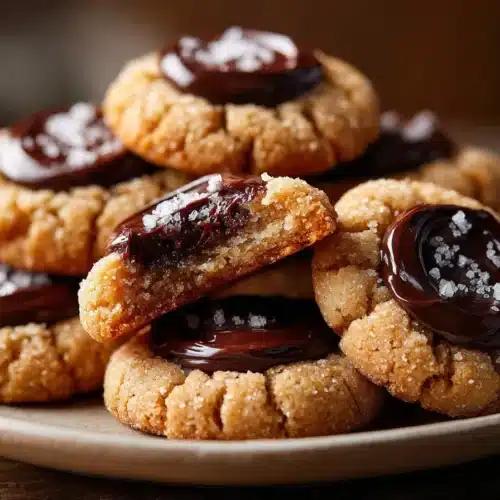 Very close-up image of chocolate thumbprint cookies with gooey chocolate centers and flaky sea salt, stacked on a white plate.