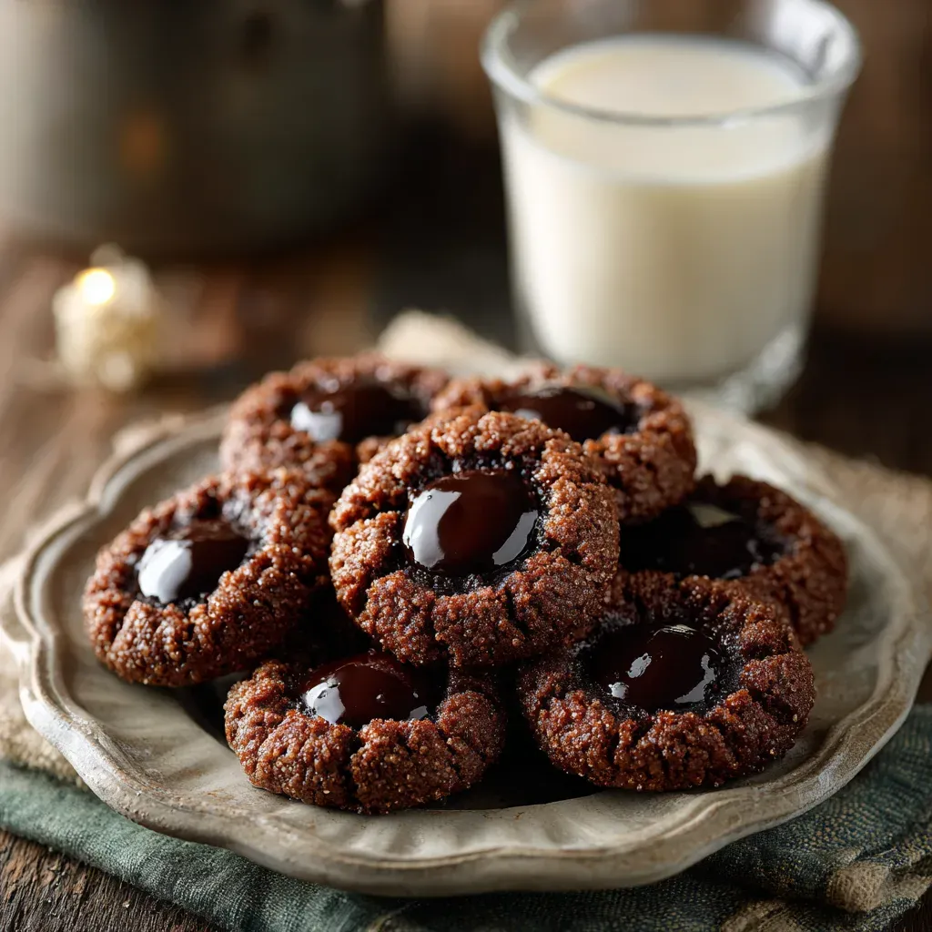 Chocolate thumbprint cookies on a dessert platter with milk in the background.