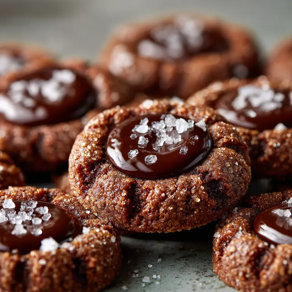 Chocolate thumbprint cookies in a circle with glossy chocolate centers and sea salt.