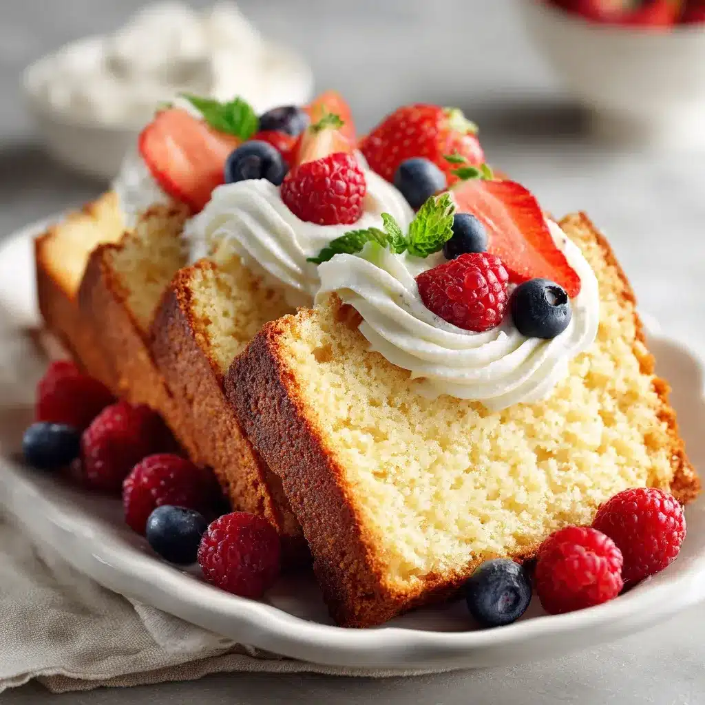 Classic pound cake slice served with fresh berries and whipped cream.
