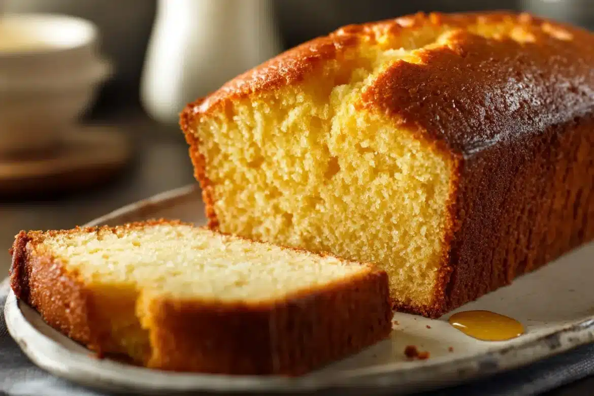 Golden, moist classic pound cake loaf with a thick slice cut to reveal a buttery, tender crumb, on a white plate.