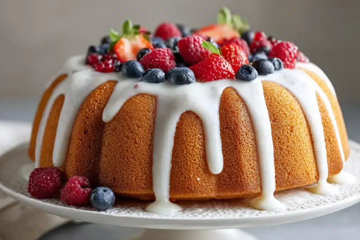 Close-up of a classic vanilla bundt cake with vanilla glaze and a slice showing its fluffy, moist crumb.