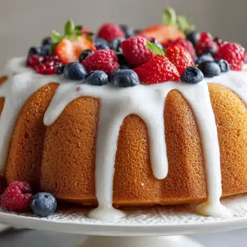Close-up of a classic vanilla bundt cake with vanilla glaze and a slice showing its fluffy, moist crumb.