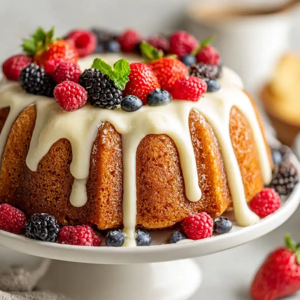 A thick slice of vanilla bundt cake being served with glaze dripping off the edge.
