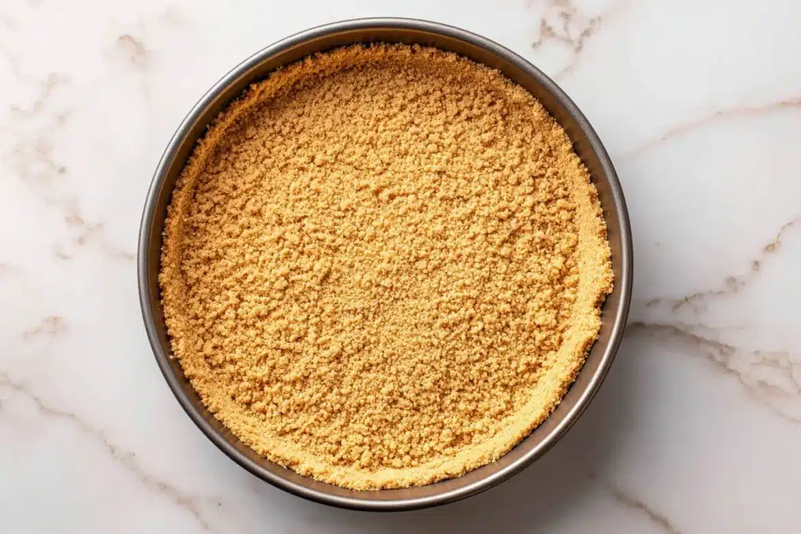 A close-up of a perfectly pressed, golden graham cracker crust in a round pan, ready to be filled for cheesecake.