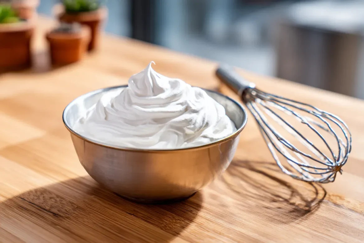 A bowl of perfectly whipped meringue, ready for pies, cookies, and desserts.