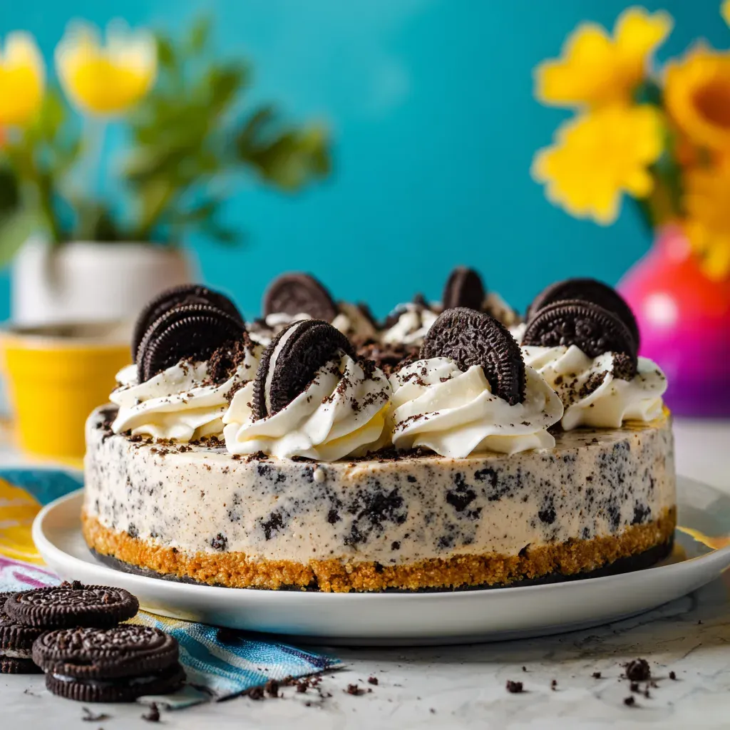 Cookies and cream mousse cake topped with whipped cream and extra cookies
