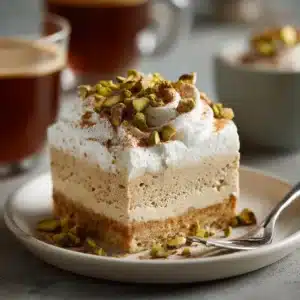 A single square of chai tres leches no bake on a white plate with whipped cream and pistachios.