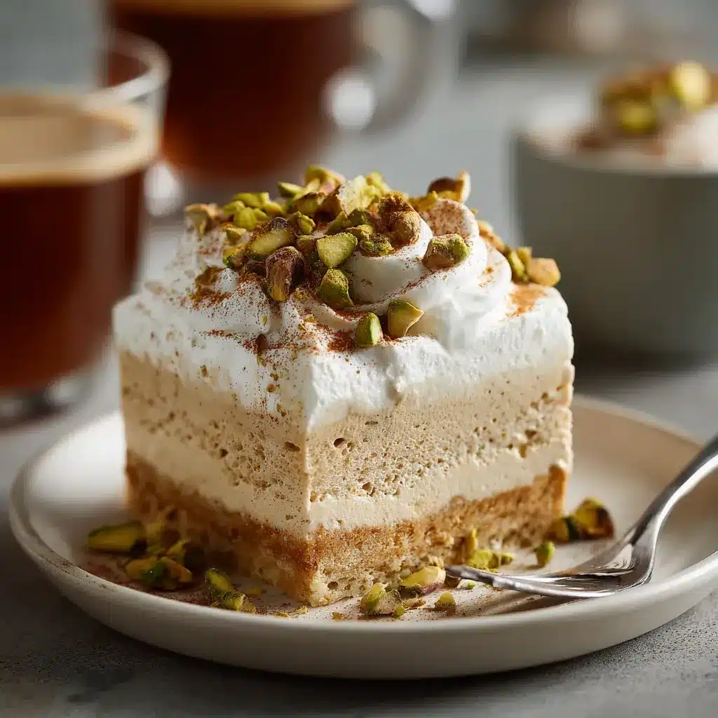 A single square of chai tres leches no bake on a white plate with whipped cream and pistachios.
