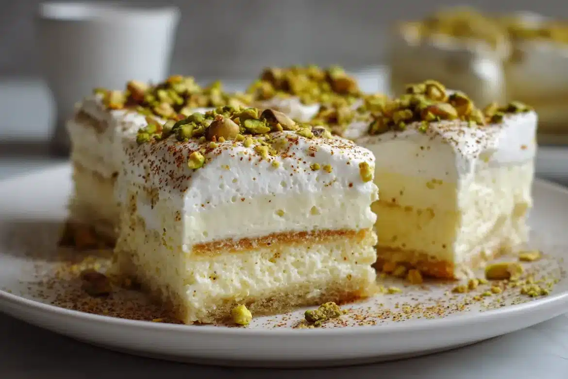 Chai tres leches no bake cake cut into creamy squares, topped with whipped cream, chai spice, and pistachios on a white plate.