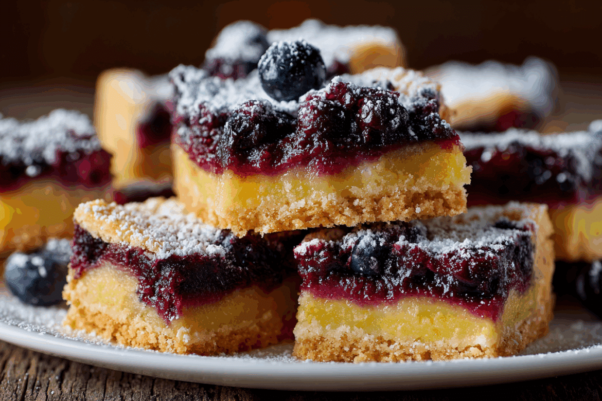 A close-up of lemon blueberry shortbread bars with a crumbly base, tangy lemon filling, and juicy blueberries, topped with powdered sugar.